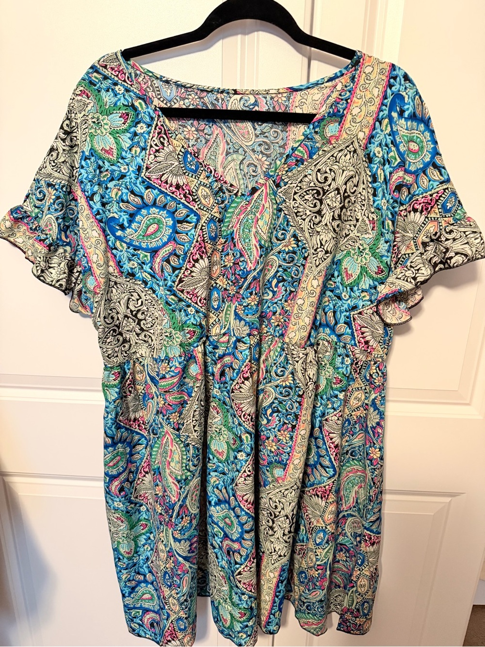 Paisley Print Flutter Sleeve Women’s Top - Blue Multi